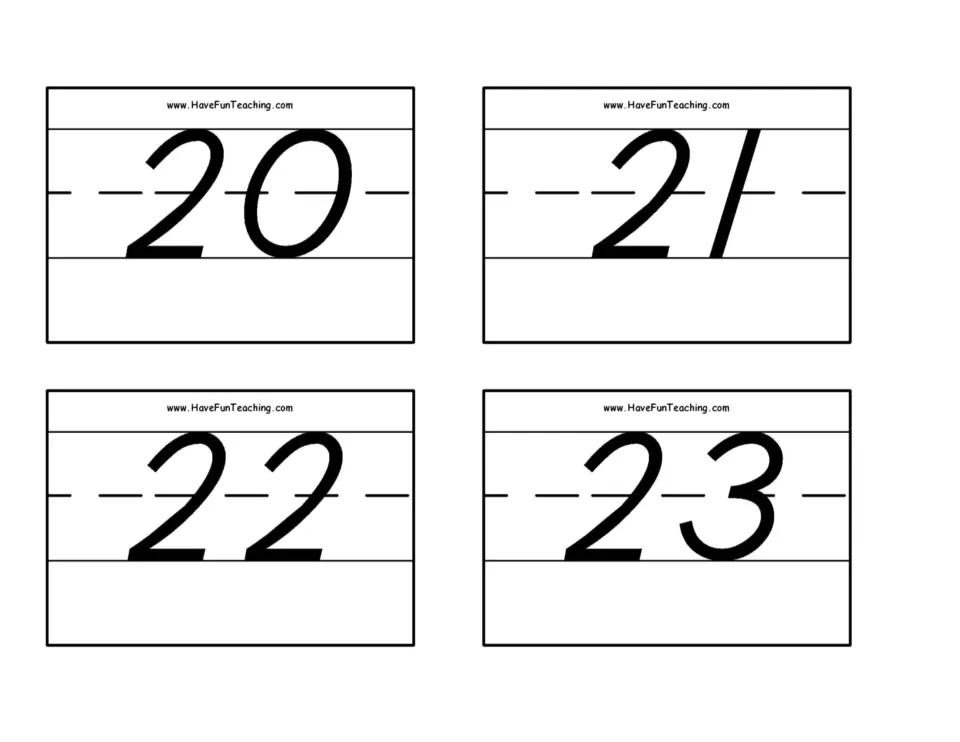 Number flash cards 21–24: numerals 20, 21, 22, and 23 for number recognition practice in the 0–50 set.