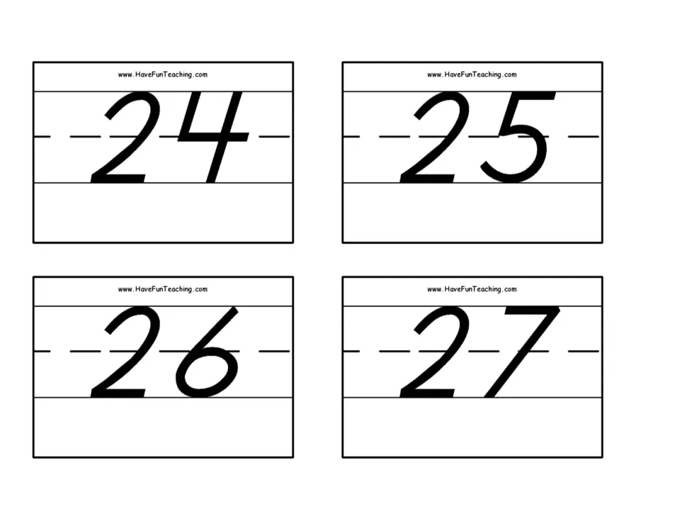 Number flash cards 25–28: numerals 24, 25, 26, and 27 for number recognition practice in the 0–50 set.