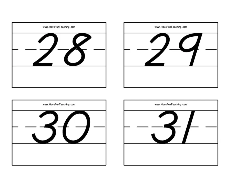 Number flash cards 29–32: numerals 28, 29, 30, and 31 for number recognition practice in the 0–50 set.