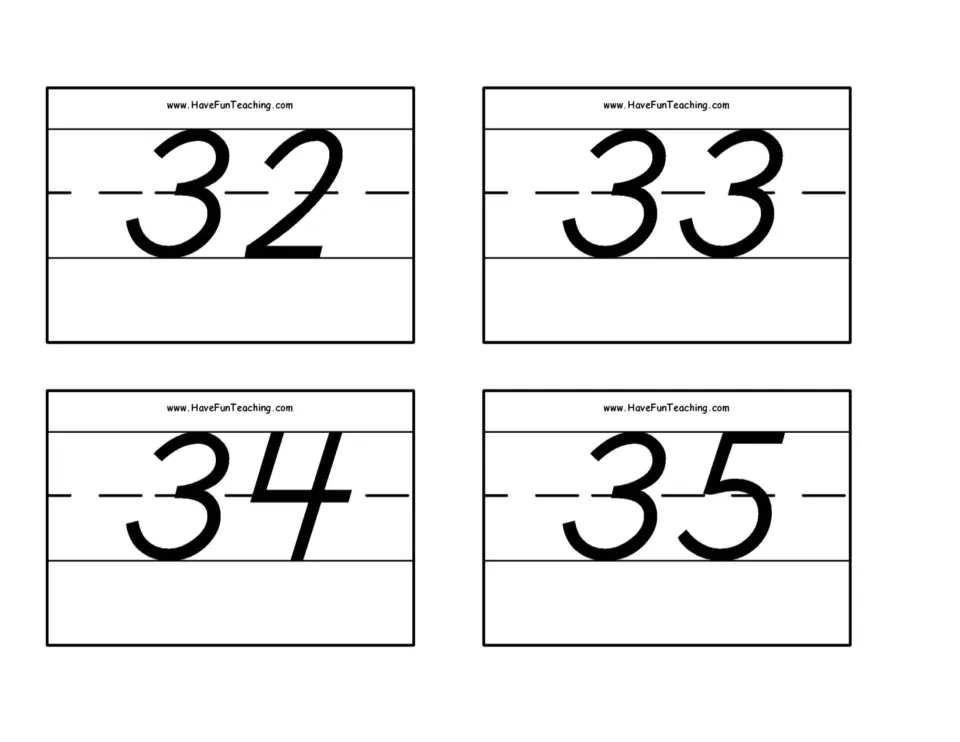 Number flash cards 33–36: numerals 32, 33, 34, and 35 for number recognition practice in the 0–50 set.