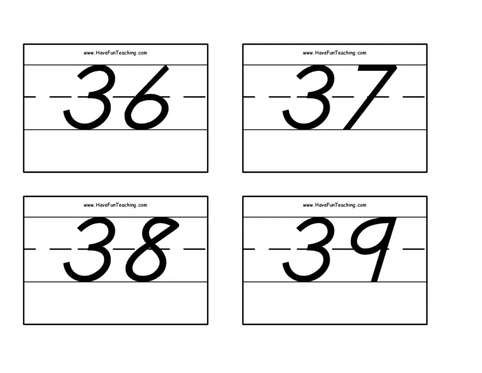 Number flash cards 37–40: numerals 36, 37, 38, and 39 for number recognition practice in the 0–50 set.