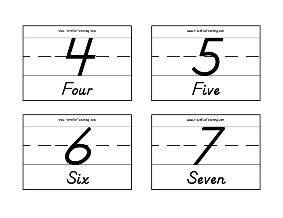 Number flashcards for 4–7: 4 Four, 5 Five, 6 Six, and 7 Seven, pairing each numeral with its written word
