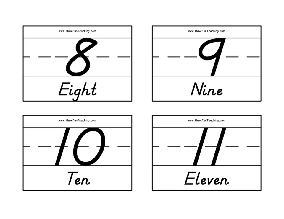Number flashcards for 8–11: 8 Eight, 9 Nine, 10 Ten, and 11 Eleven, pairing numerals with written words