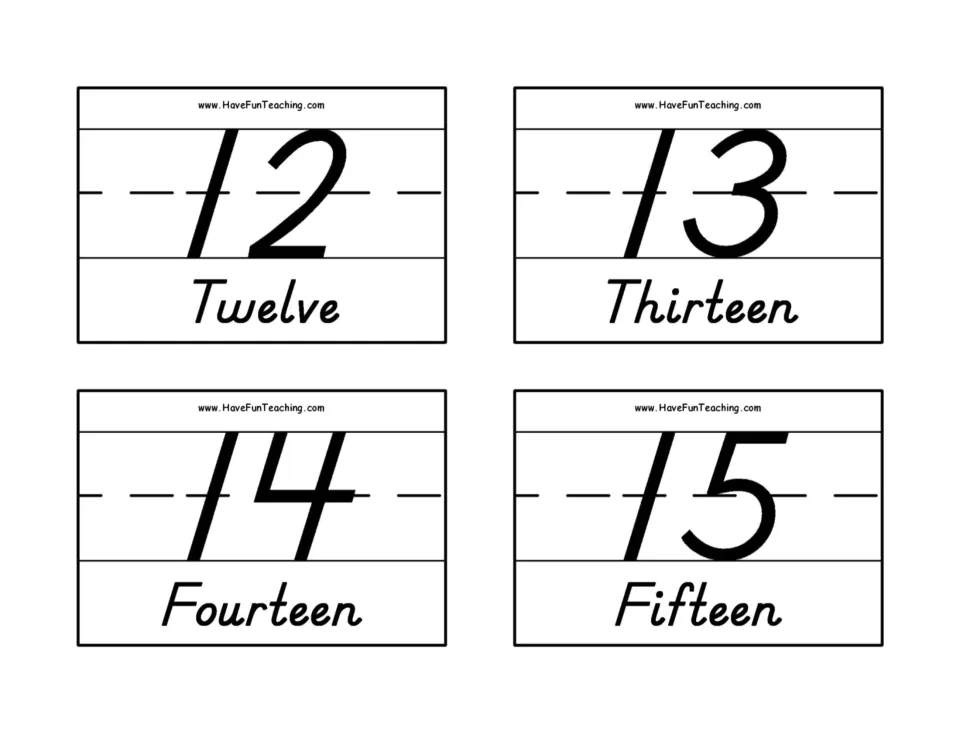 Number flashcards for 12–15: 12 Twelve, 13 Thirteen, 14 Fourteen, and 15 Fifteen, with written number words
