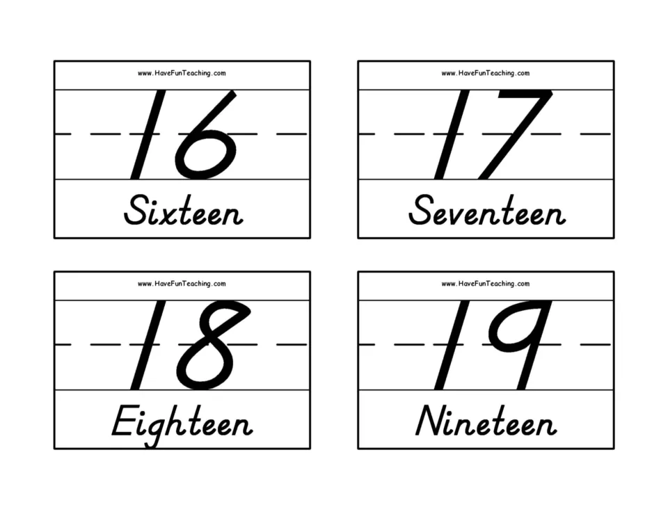 Number flashcards for 16–19: 16 Sixteen, 17 Seventeen, 18 Eighteen, and 19 Nineteen, with number words