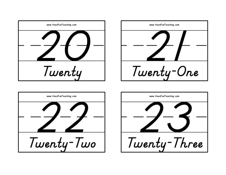 Number flashcards for 20–23, pairing the numerals with Twenty, Twenty-One, Twenty-Two, and Twenty-Three