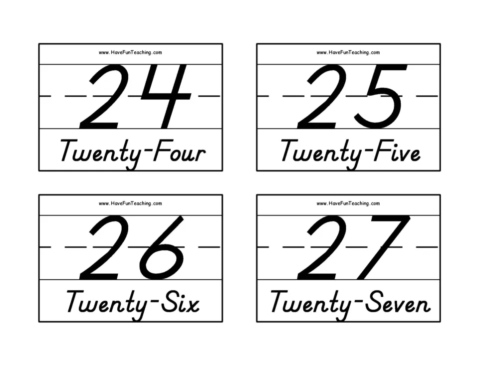 Number flashcards for 24–27, pairing numerals with Twenty-Four, Twenty-Five, Twenty-Six, and Twenty-Seven