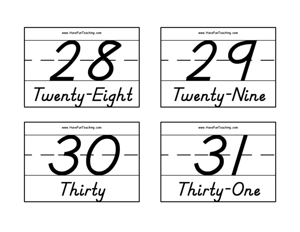 Number flashcards for 28–31, pairing the numerals with Twenty-Eight, Twenty-Nine, Thirty, and Thirty-One