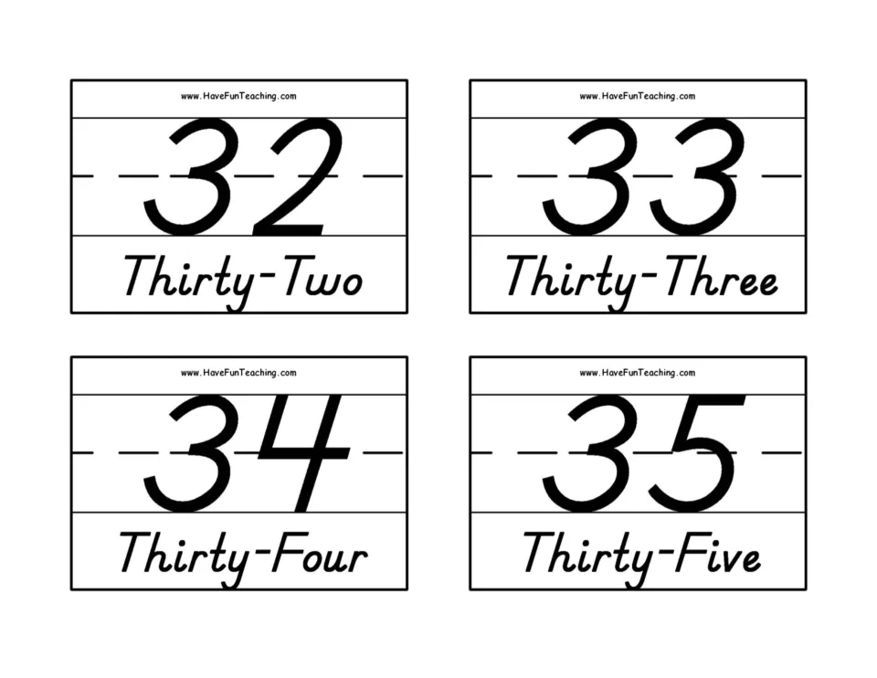 Number flashcards for 32–35, pairing numerals with Thirty-Two, Thirty-Three, Thirty-Four, and Thirty-Five