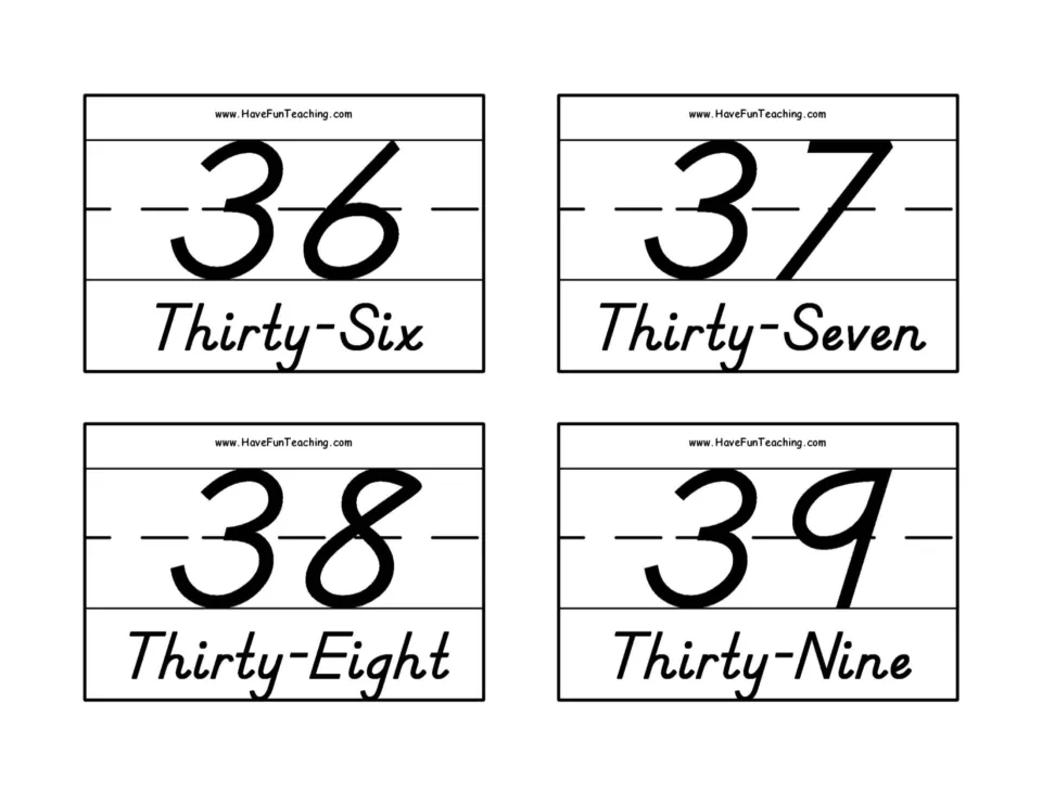 Number flashcards for 36–39, pairing numerals with Thirty-Six, Thirty-Seven, Thirty-Eight, and Thirty-Nine