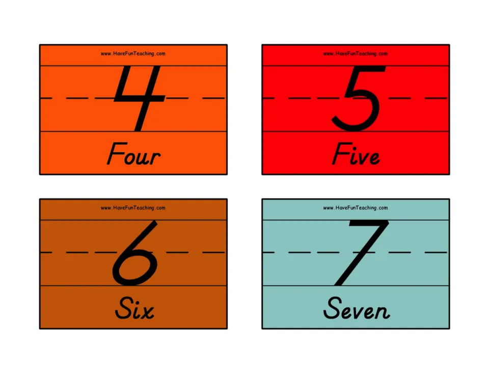 Numerals 4 to 7 shown on orange, red, brown and teal cards, each labeled with its word: Four, Five, Six, Seven