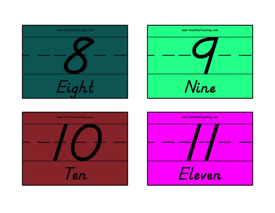 Cards for 8, 9, 10 and 11 pair each numeral with its written word, Eight, Nine, Ten and Eleven, for reading numbers