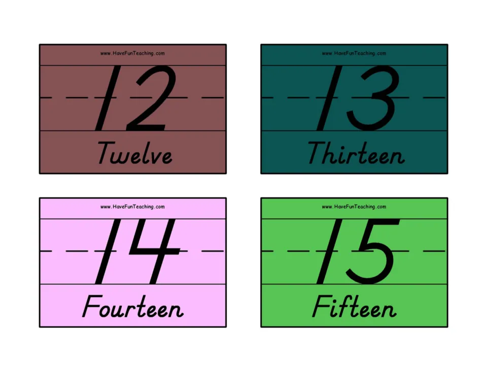 Teen numbers 12 to 15 on colored cards, each numeral written above its word: Twelve, Thirteen, Fourteen, Fifteen