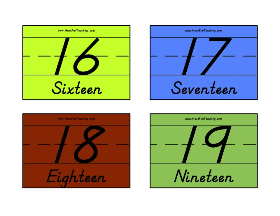 Teen numbers 16 to 19: each card shows the numeral with its word Sixteen, Seventeen, Eighteen or Nineteen beneath it
