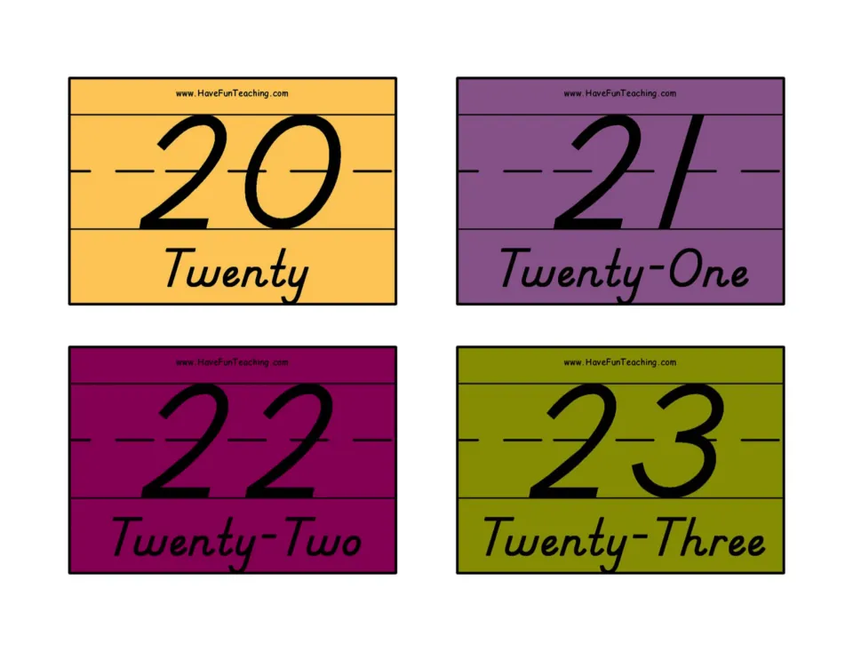 Numbers 20 to 23 on gold, purple, plum and olive cards, each with its number word from Twenty to Twenty-Three