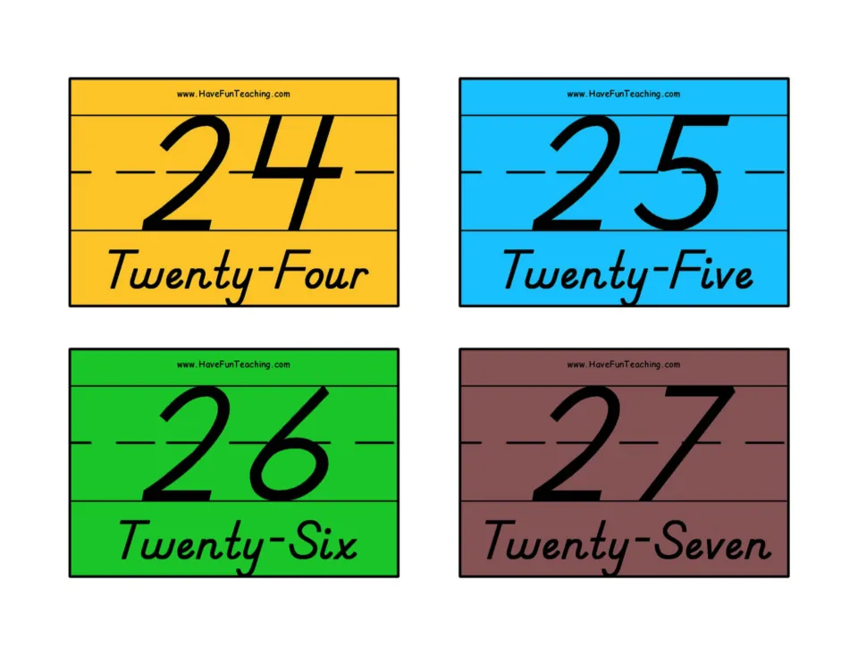 Numerals 24 to 27 paired with the words Twenty-Four, Twenty-Five, Twenty-Six and Twenty-Seven on four colored cards
