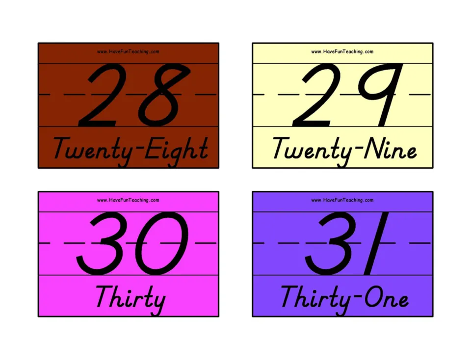 Cards for 28, 29, 30 and 31 match numerals to the words Twenty-Eight, Twenty-Nine, Thirty and Thirty-One