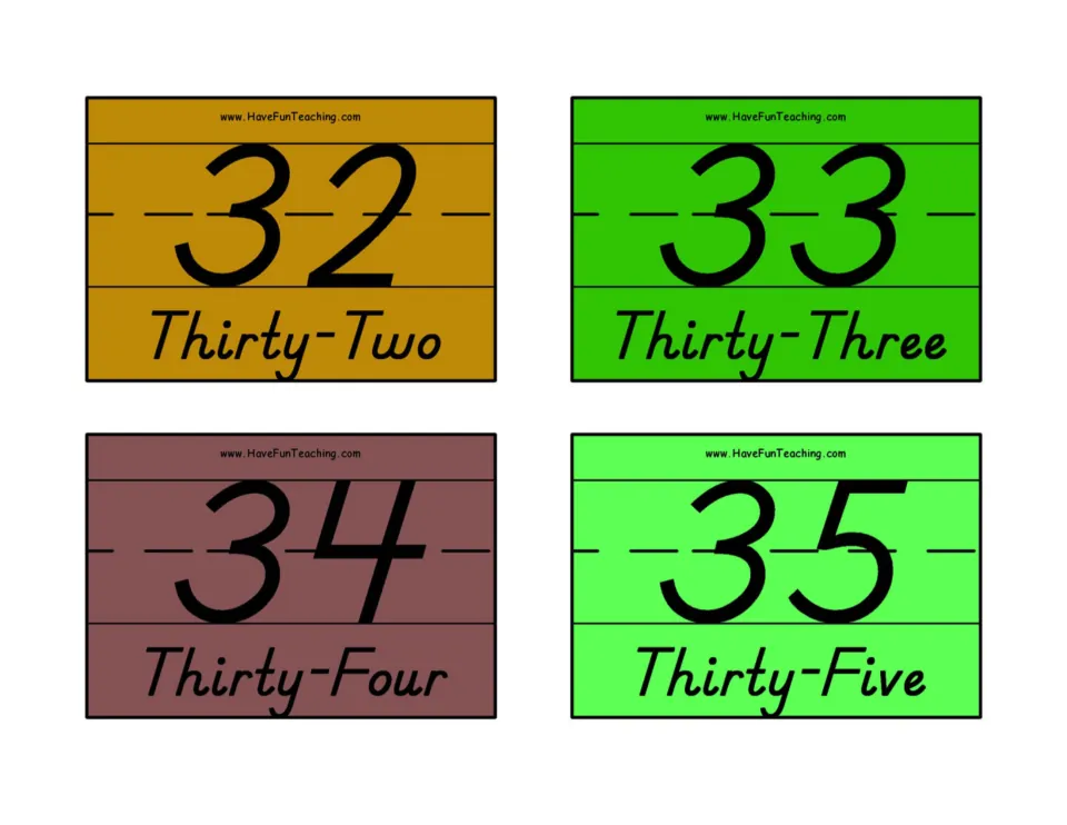 Numbers 32 to 35 on colored cards, each numeral above its word: Thirty-Two, Thirty-Three, Thirty-Four, Thirty-Five