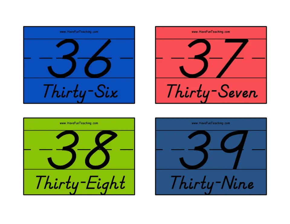 Numerals 36 to 39 on blue, coral, lime and navy cards with the words Thirty-Six, Thirty-Seven, Thirty-Eight, Thirty-Nine