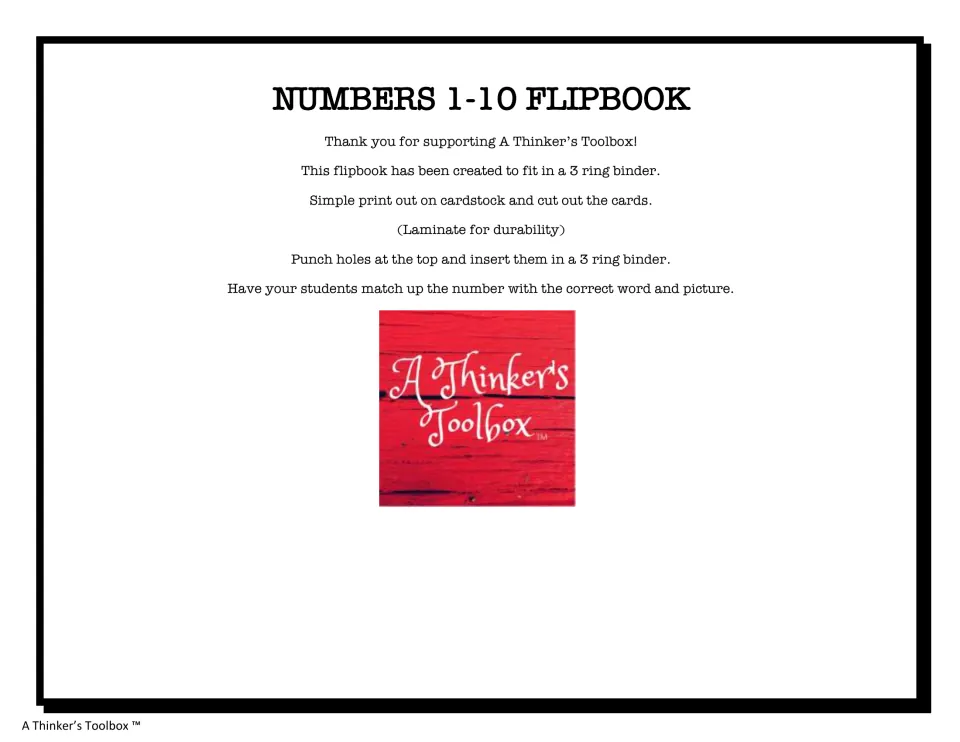 Numbers 1-10 Flipbook title page: print on cardstock, cut out cards, punch holes, bind, match number, word and picture