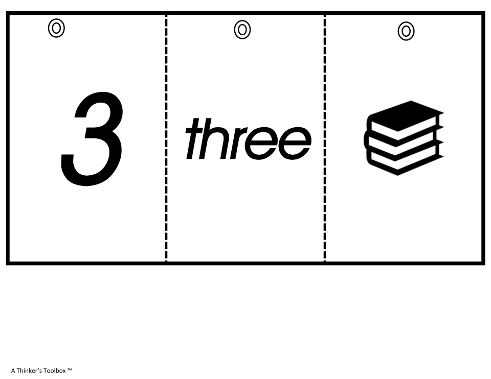 Number 3 cards: the numeral 3, the word three and a stack of three books to pair numeral, number word and picture