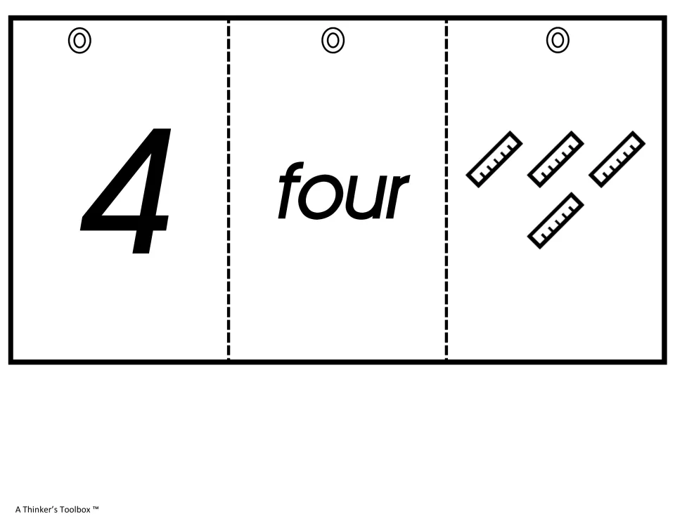 Number 4 cards: the numeral 4, the word four and four rulers so students match numeral, written word and count