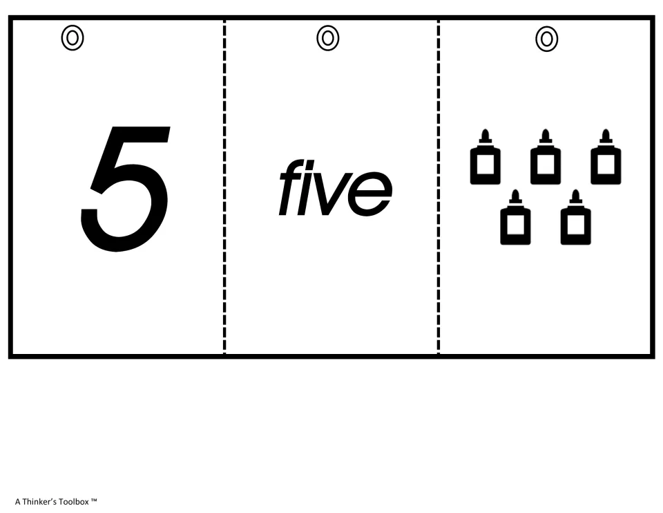 Number 5 cards: the numeral 5, the word five and five glue bottles for counting and matching to the numeral and word