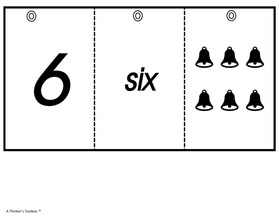 Number 6 cards: the numeral 6, the word six and six bells in two rows of three to match numeral, word and quantity