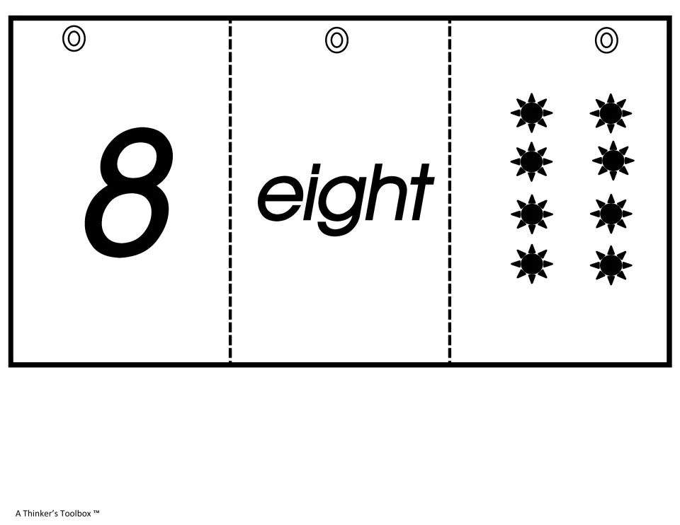 Number 8 cards: the numeral 8, the word eight and eight suns in two columns to match numeral, number word and count