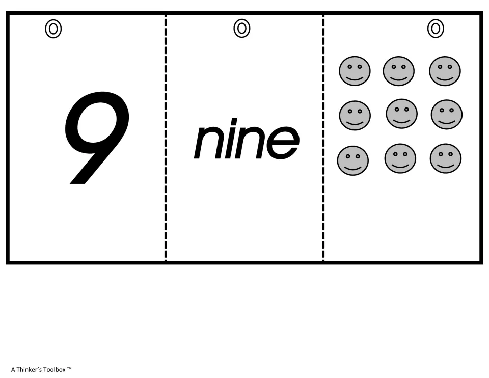 Number 9 cards: the numeral 9, the word nine and nine smiley faces in three rows to match numeral, word and quantity