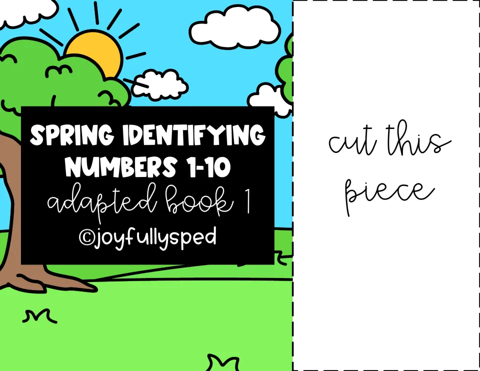 Cover of Spring Identifying Numbers 1-10 Adapted Book 1: a sunny park scene, plus a strip marked cut this piece