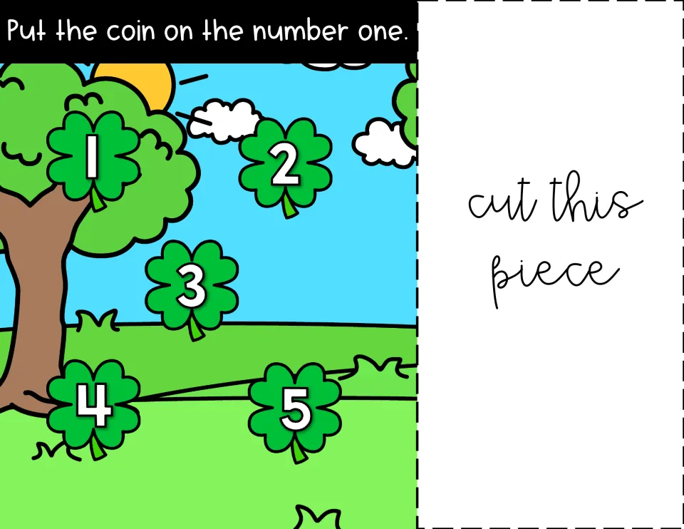 Number one: students read 'Put the coin on the number one' and place a coin on the shamrock labeled 1 among shamrocks 1-5
