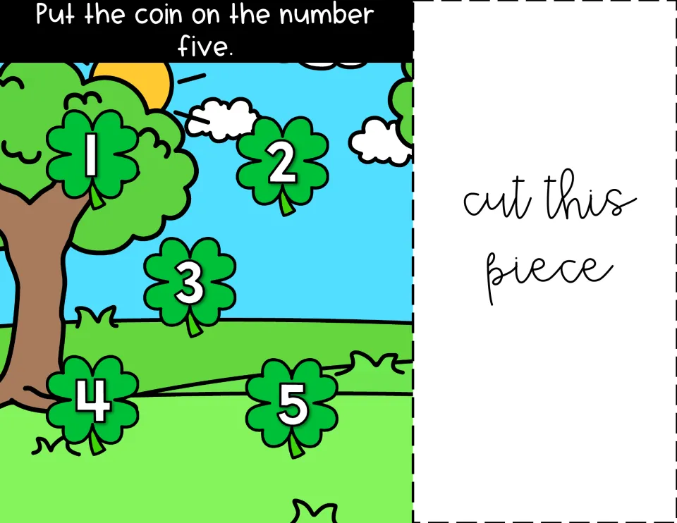 Number five: students cover the shamrock labeled 5 with a coin after reading 'Put the coin on the number five'