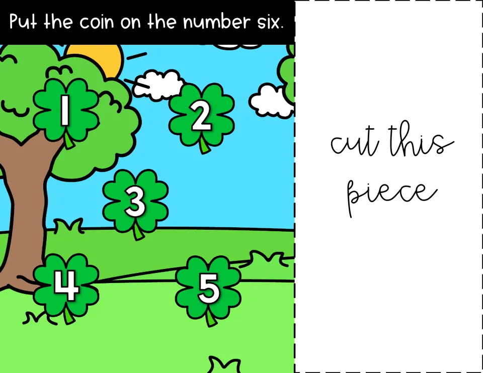 Number six: prompt reads 'Put the coin on the number six'; this page shows only shamrocks numbered 1 through 5