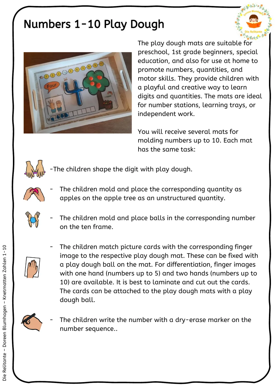 Instructions for number mats: shape digits, count dough apples and balls, match finger cards, and write numbers