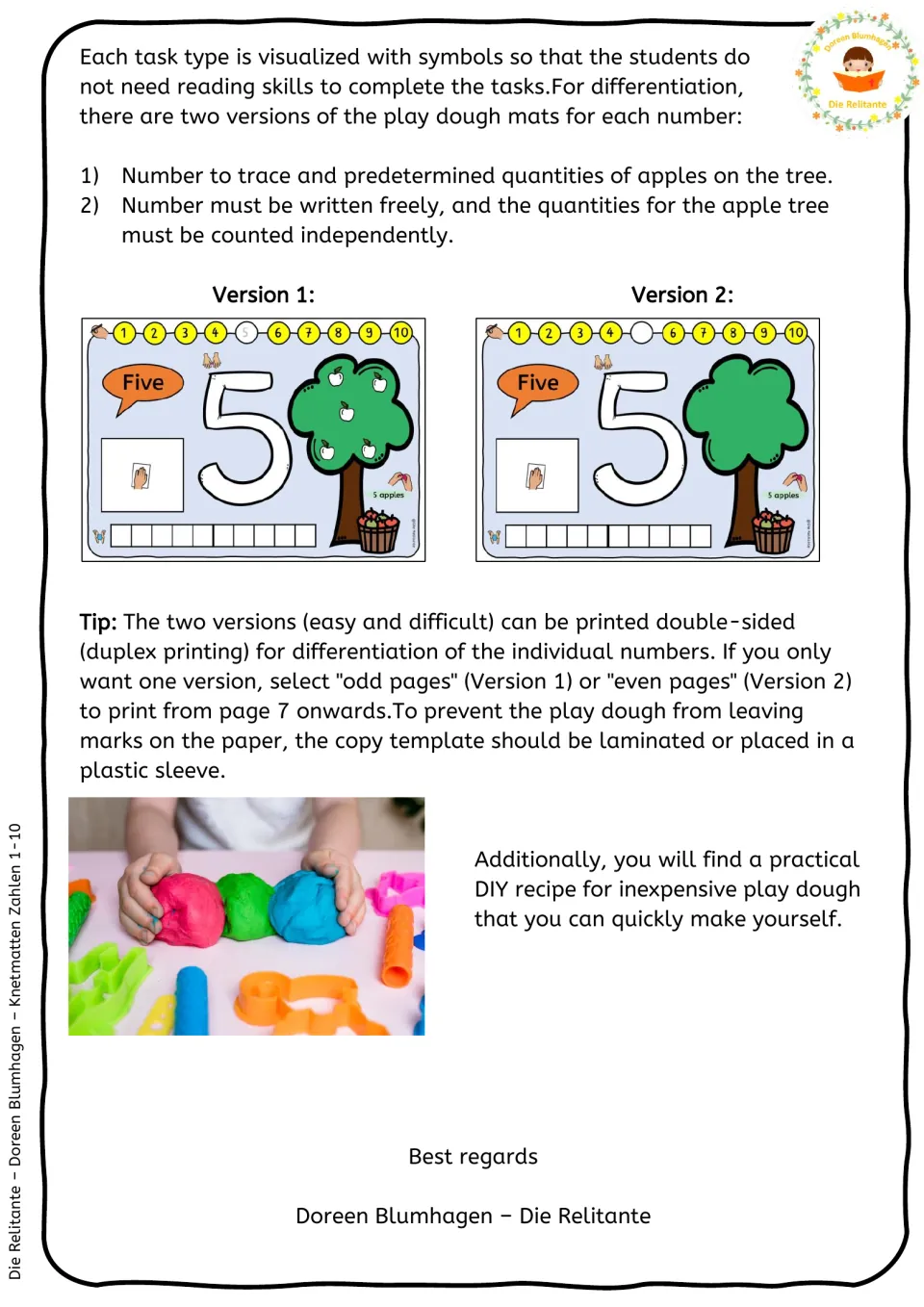 Guide to two number mat versions: tracing with apple prompts or independent counting, plus printing tips