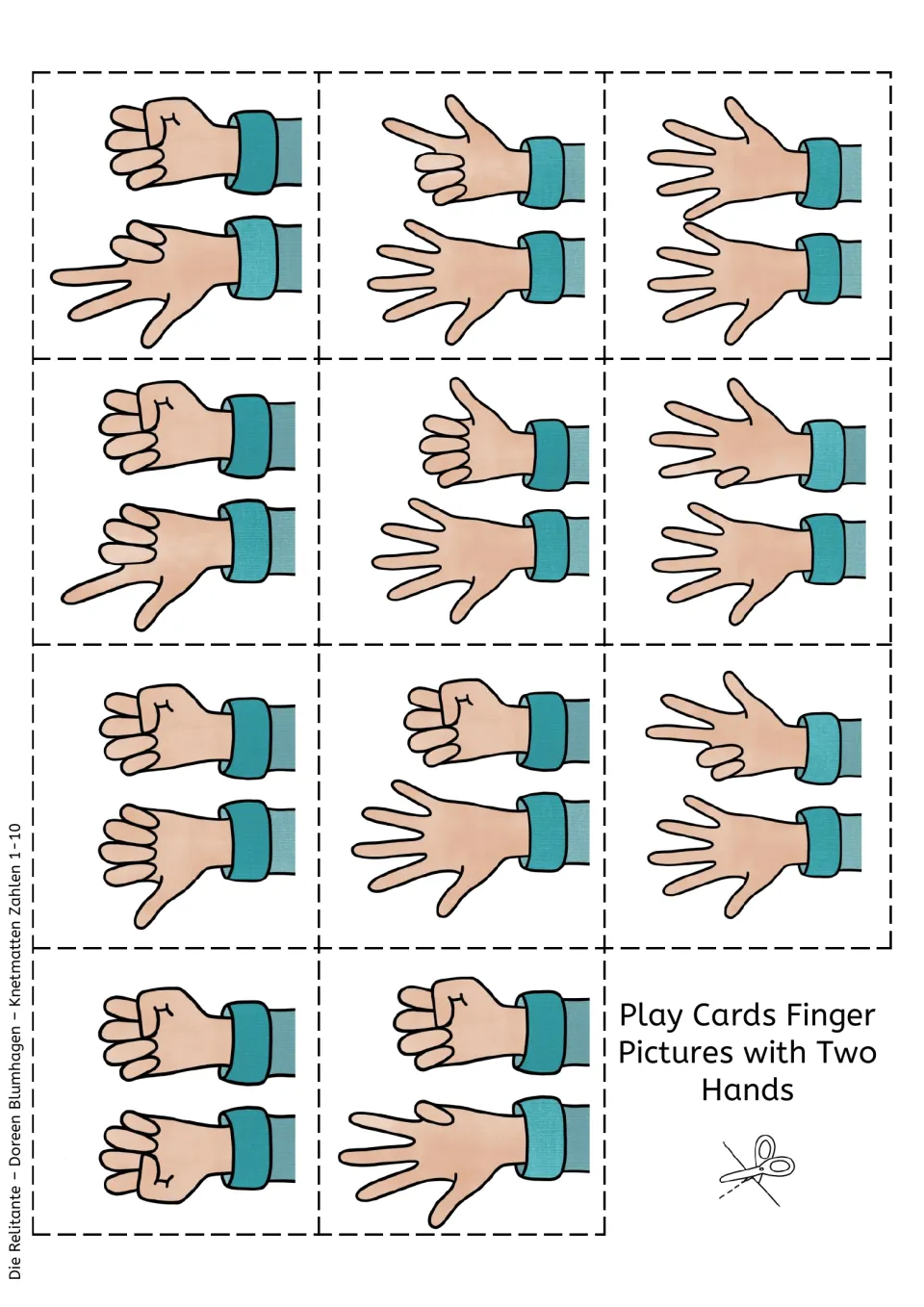 Eleven two-hand finger picture cards showing quantities from 0 to 10 for matching to the number mats