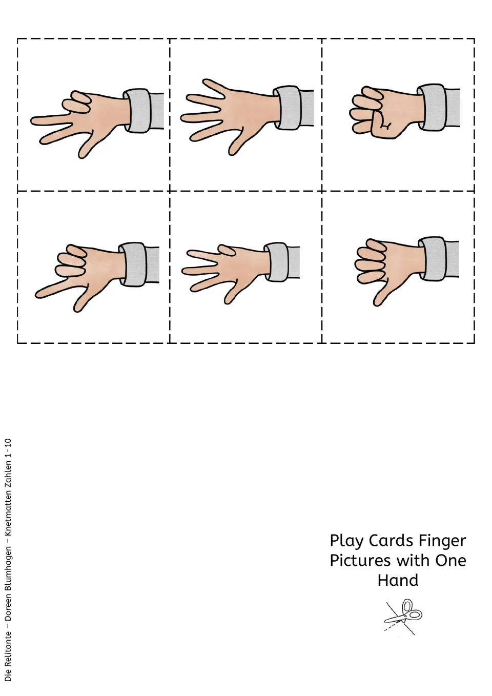 Six one-hand finger picture cards showing quantities from 0 to 5 for matching to the play dough mats