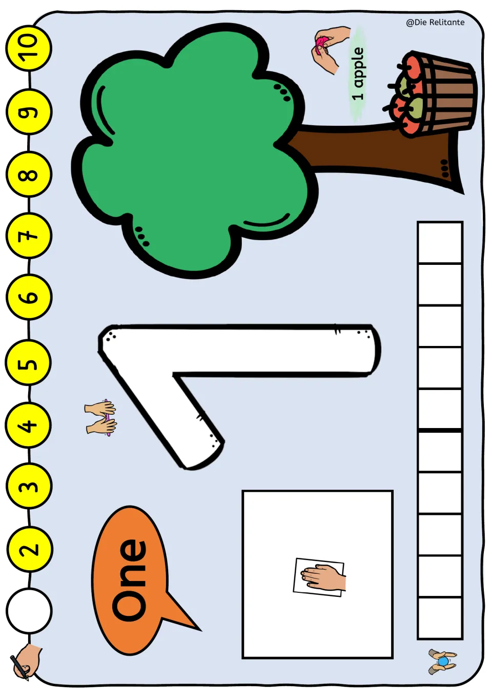 Number 1 play dough mat, independent version: One, a large numeral, an empty apple tree, and a missing number