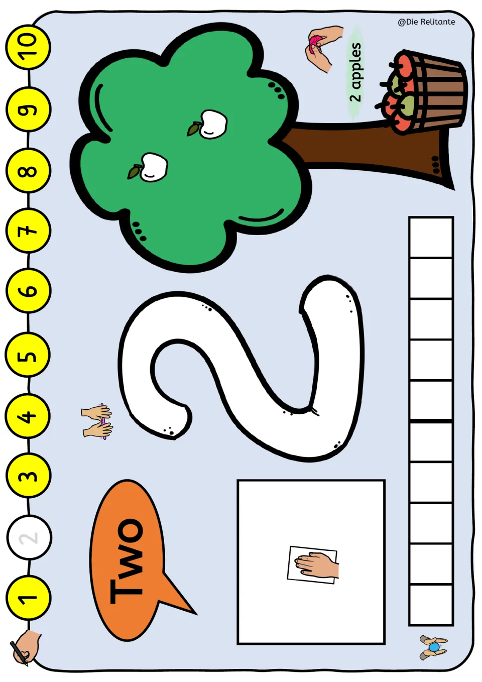Number 2 play dough mat, guided version: Two, a large numeral, two apple prompts, and a traceable sequence number