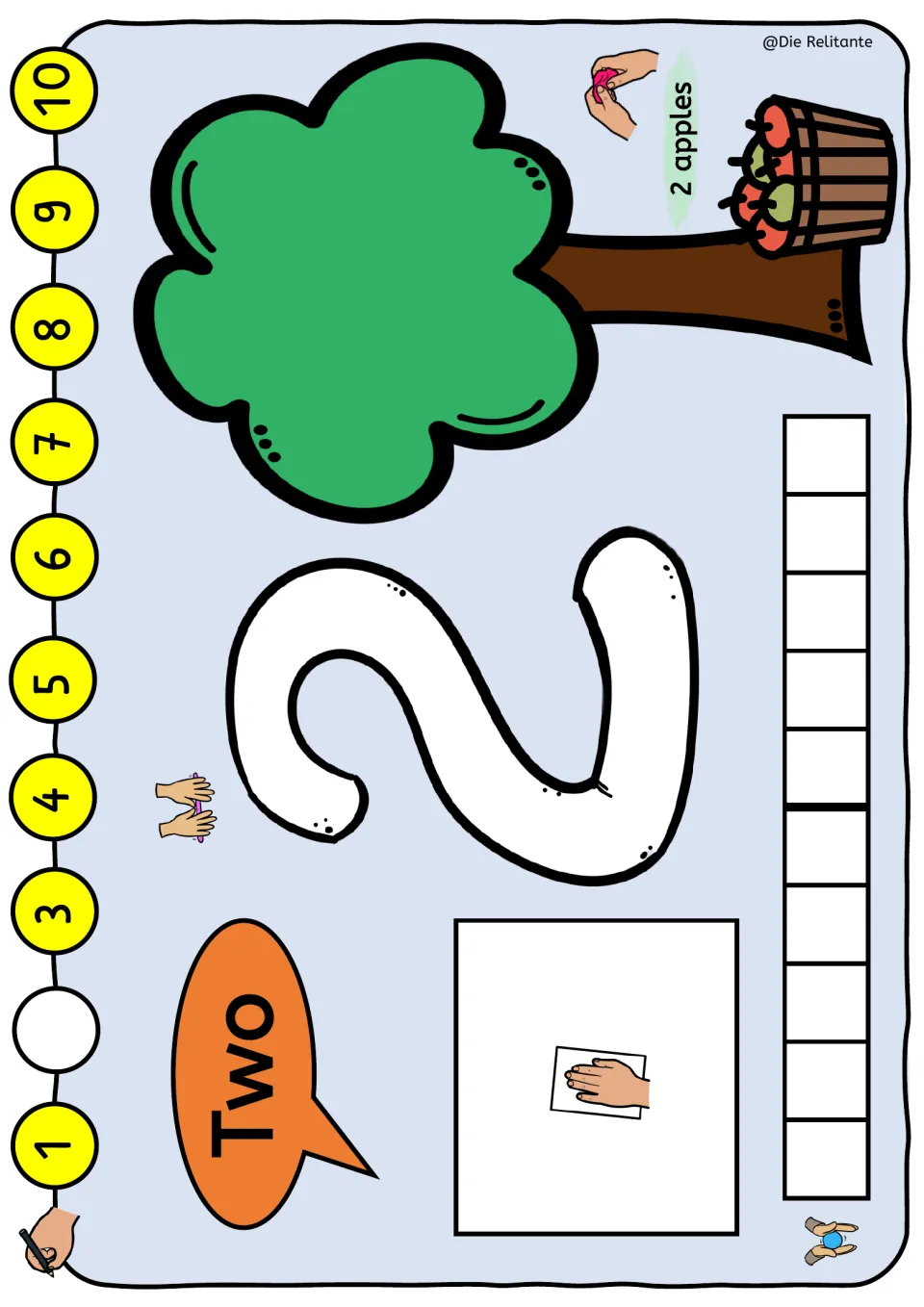 Number 2 play dough mat, independent version: Two, a large numeral, an empty apple tree, and a missing number