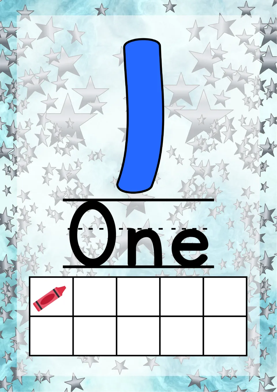 Number 1 poster: a blue numeral and the word One, with a single red crayon in the first square of a ten frame to count