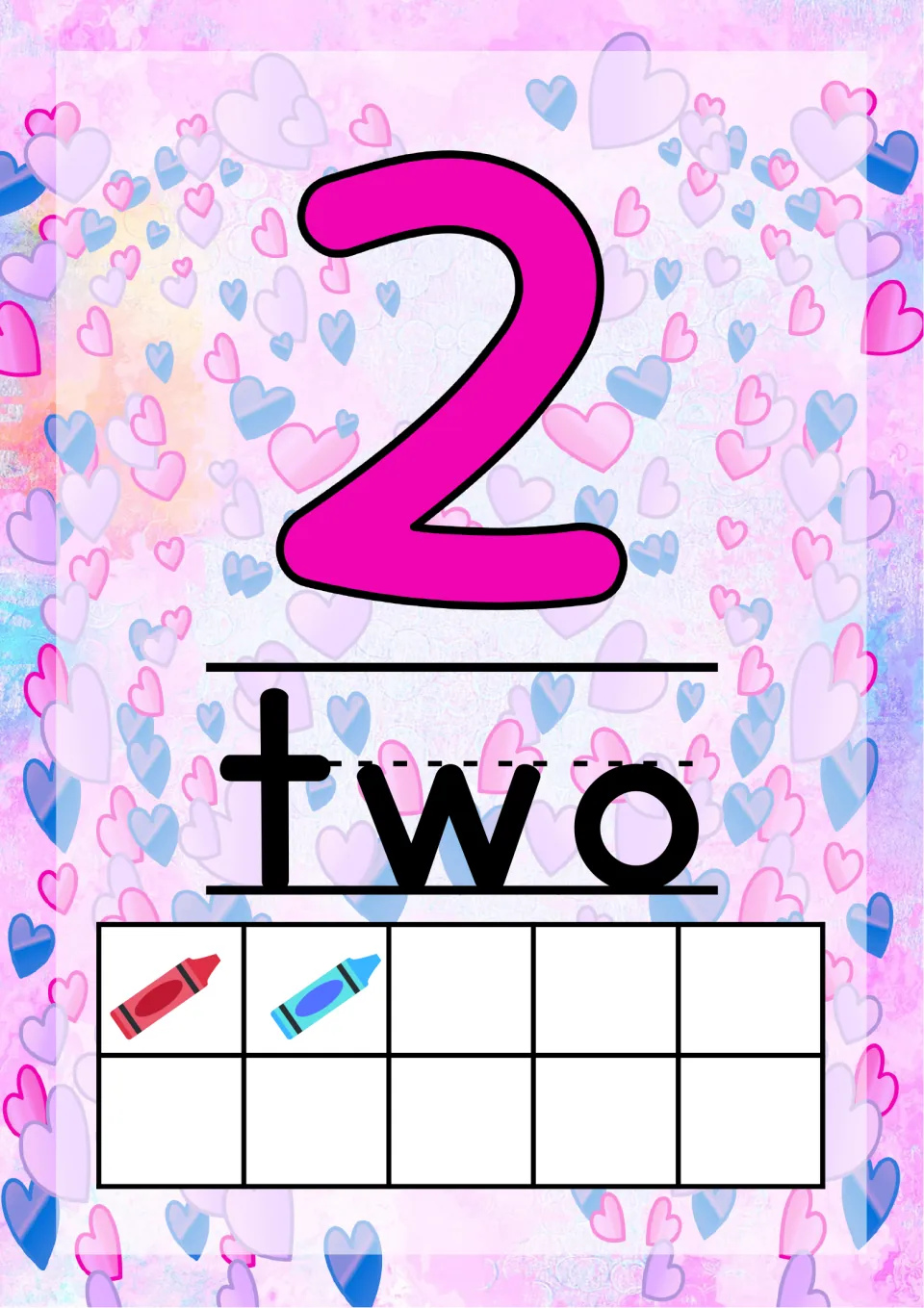Number 2 poster: a pink numeral above the word two, with a red and a blue crayon in a ten frame to count and match