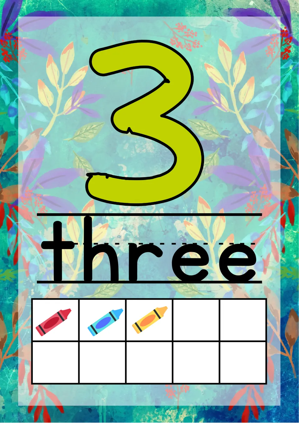 Number 3 poster: a lime green numeral with the word three and a ten frame holding red, blue and yellow crayons to count