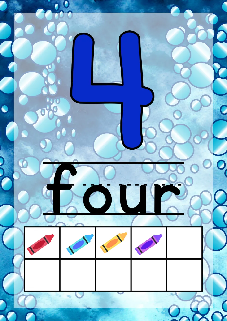 Number 4 poster: a blue numeral with the word four and a ten frame showing a top row of crayons with one square empty