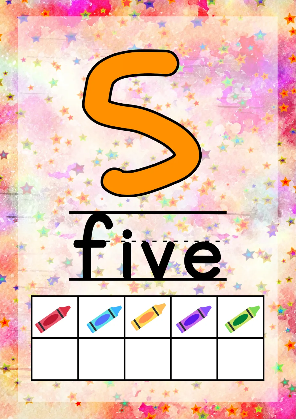 Number 5 poster: an orange numeral, the word five, and a ten frame whose top row is completely filled with crayons