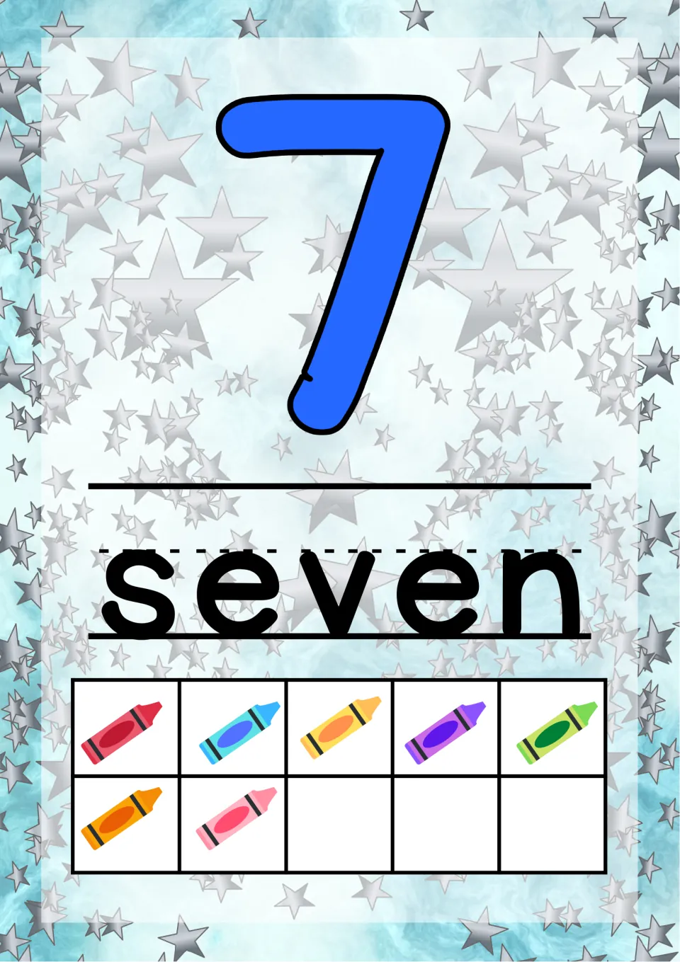 Number 7 poster: a blue numeral, the word seven, and crayons in a ten frame arranged as a full row of five plus two