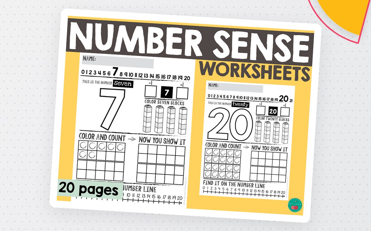 Yellow Number Sense Worksheets cover showing sample pages for seven and twenty with number lines, blocks, ten frames, tracing, and counting tasks.