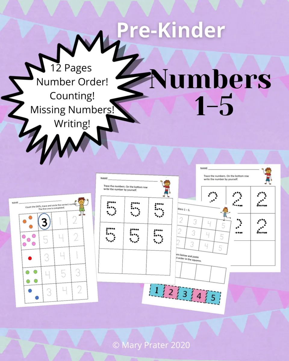 Pre-Kinder Numbers 1-5 cover listing 12 pages of number order, counting, missing numbers and writing, with sample sheets