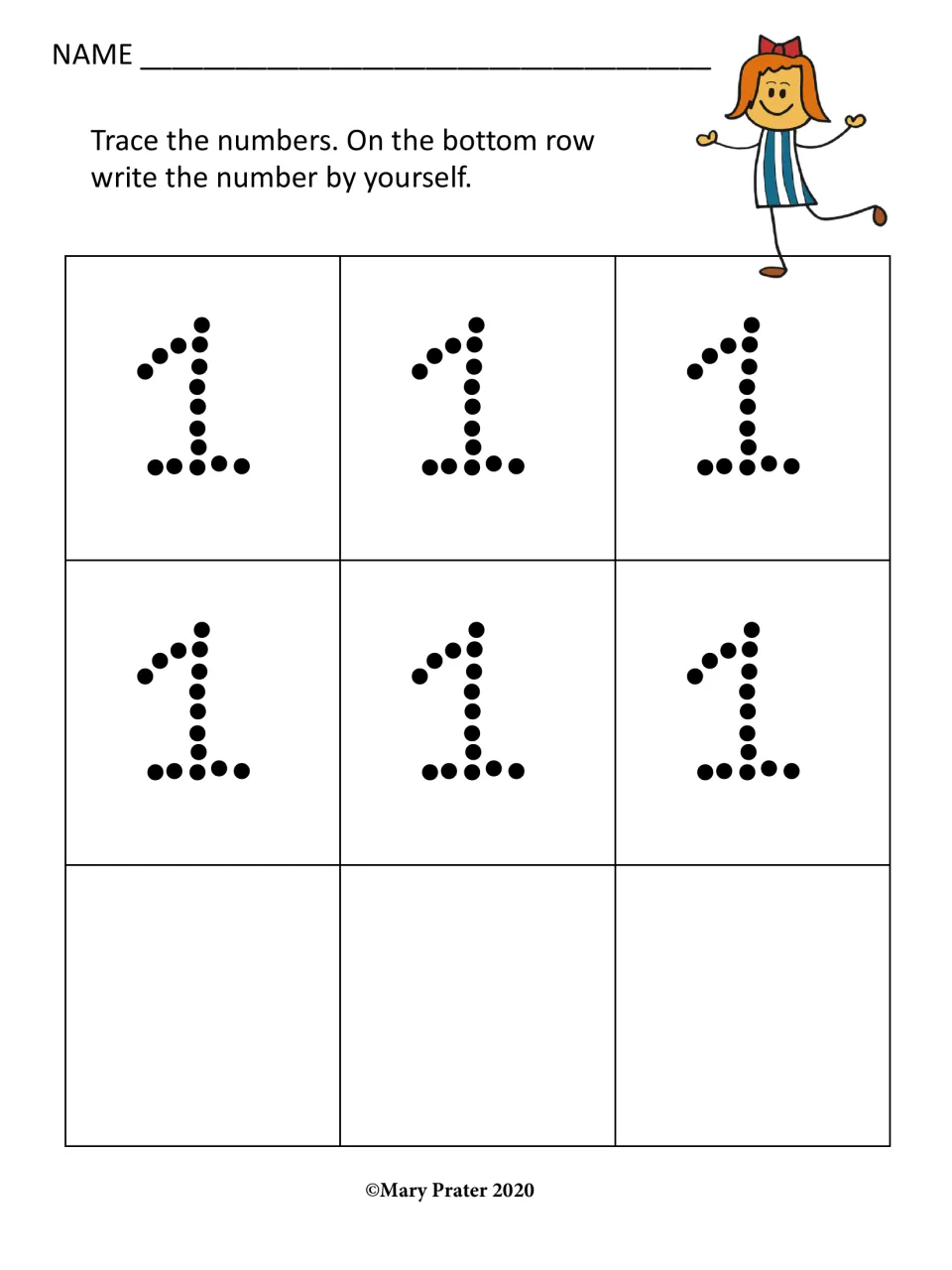 Number 1 handwriting practice: students trace six dotted 1s, then write the number 1 on their own in the bottom row